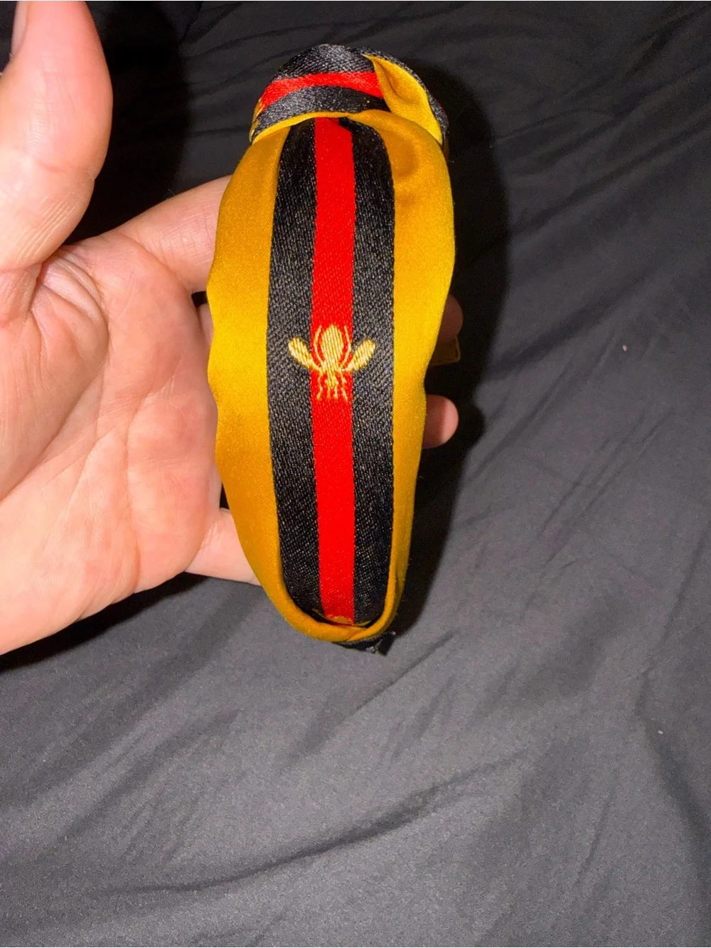Knotted Stripe Headband with Embroidered Bee - Yellow, Black & Red